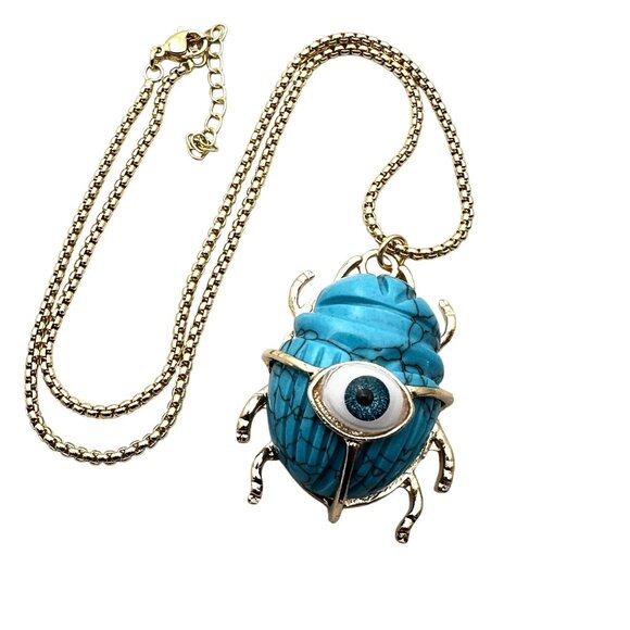 Evil Eye Necklace Blue Turquoise Gemstone Scarab Beetle Pendant Gold Plated - Picture 2 of 5